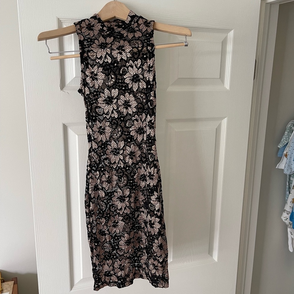 Black Lace Mini Dress Printed Flowers